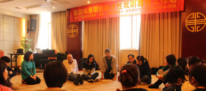 Twinning participants Dave Carey and Charlie Kemp (Chickenshed) holding a train-the trainer workshop with their Chinese partner organization Hunan Aimier